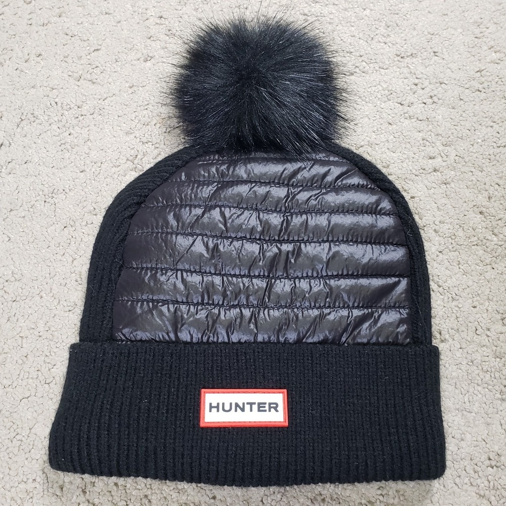 Hunter Beanie Hat Black Baffle Quilted Faux Fur Pom Ski Cap Tuque Bobble Boggan
